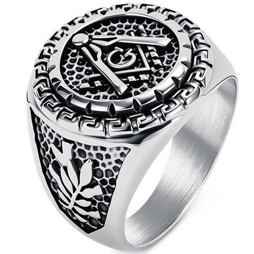 ***COI Titanium Black Gold Tone/Silver/Black Masonic Freemason Ring-02028AA
