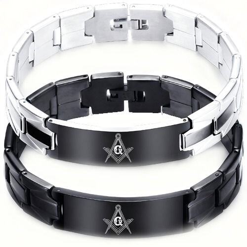 ***COI Titanium Black Silver/Black Masonic Freemason Bracelet With Steel Clasp(Length: 7.87 inches)-02040AA