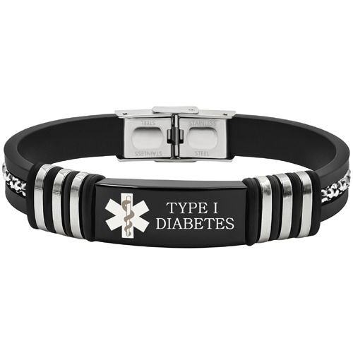 ***COI Titanium Black Silver Medical Alert Custom Engraving Rubber Bracelet With Steel Clasp(Length: 8.27 inches)-02044AA