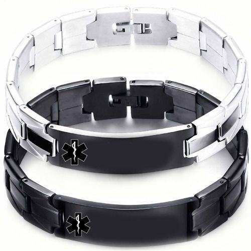 ***COI Titanium Black Silver/Black Medical Alert Bracelet With Steel Clasp(Length: 7.87 inches)-02045AA