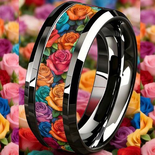 COI Titanium Floral Rose Beveled Edges Ring-02060AA