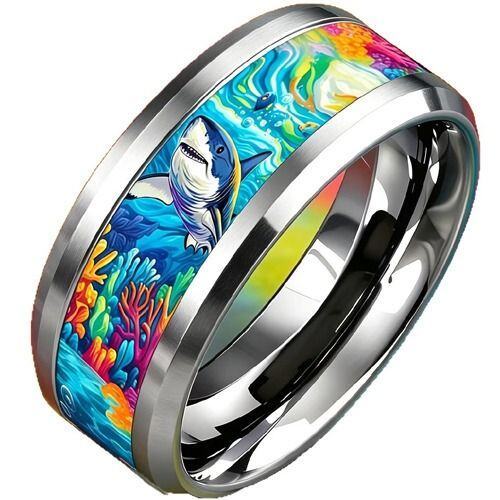 ****COI Titanium Shark Sea Coral Beveled Edges Ring-02062AA