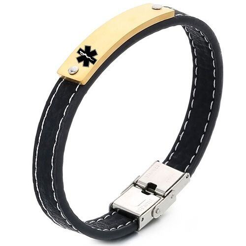 ****COI Titanium Black/Gold Tone/Silver Medical Alert Genuine Leather Bracelet With Steel Clasp(Length: 8.27 inches)-02077AA