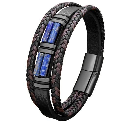 ****COI Black Titanium Lapis Lazuli Genuine Leather Bracelet With Steel Clasp(Length: 9.06 inches)-02117AA