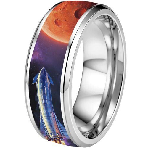****COI Titanium Black/Silver Rocket & Space Beveled Edges Ring-02133AA