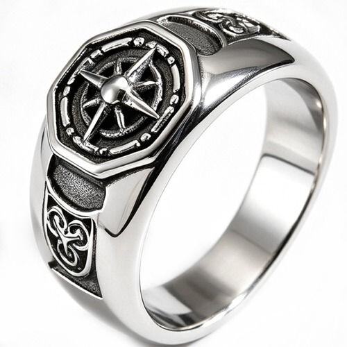 ****COI Titanium Black Silver Compass & Celtic Ring-02134AA