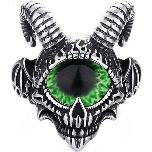 ****COI Titanium Black Silver Goat's Head Ring With Created Red Ruby/Green Emerald/Blue Sapphire-02137AA