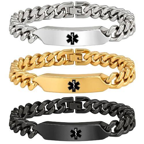 ****COI Titanium Black/Gold Tone/Silver Medical Alert Bracelet With Steel Clasp(Length: 8.27 inches)-02149AA