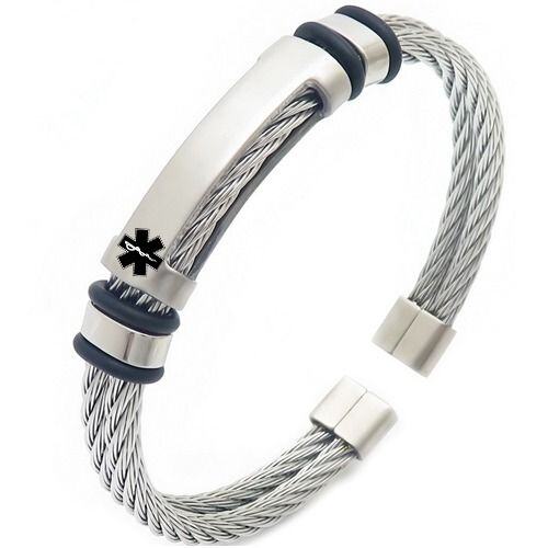 ****COI Titanium Black/Gold Tone/Silver Silver Medical Alert Wire Bracelet With Steel Clasp(Length: 8.03 inches)-02153AA