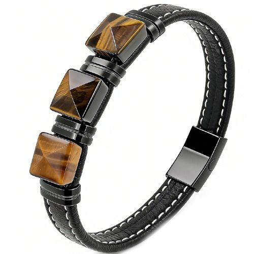 ****COI Black Titanium Tiger Eye/White Turquoise/Green Malachite Genuine Leather Bracelet With Steel Clasp(Length: 8.27 inches)-02156AA