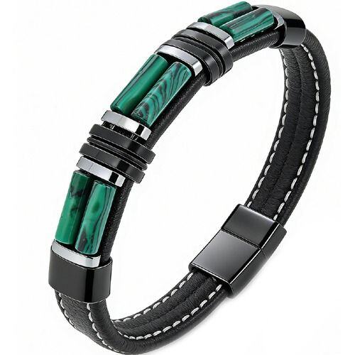 ****COI Titanium Black Silver Green Malachite/Tiger Eye Genuine Leather Bracelet With Steel Clasp(Length: 9.06 inches)-02158AA