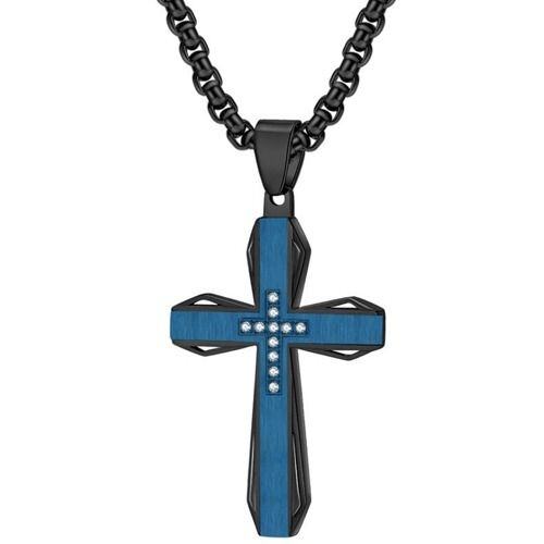 ****COI Titanium Black Blue/Gold Tone Silver/Black Silver Cross Pendant With Cubic Zirconia-02172AA