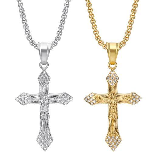 ****COI Titanium Gold Tone/Silver Jesus Cross Pendant With Cubic Zirconia-02174AA