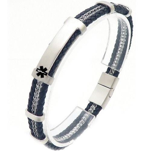 ****COI Titanium Black/Gold Tone/Silver Medical Alert Genuine Leather Bracelet With Steel Clasp(Length: 8.07 inches)-02181AA