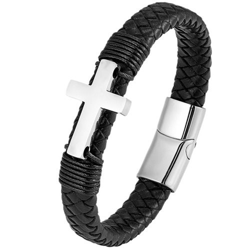 ****COI Titanium Black/Silver/Gold Tone Genuine Leather Bracelet With Steel Clasp(Length: 8.27 inches)-02183AA
