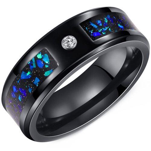 ****COI Black Tungsten Carbide Cubic Zirconia Ring With Meteorite & Crushed Opal-02185AA