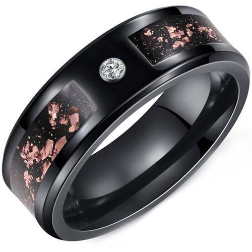 ****COI Black Tungsten Carbide Cubic Zirconia Ring With Meteorite & Rose Gold Foil-02188AA