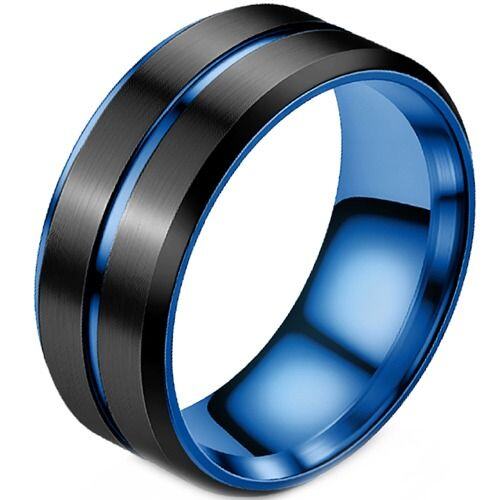 ****COI Titanium Black Blue Center Groove Beveled Edges Ring-02193AA