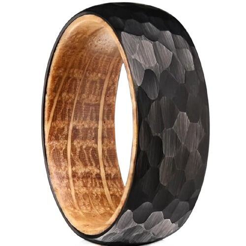 ****COI Black Tungsten Carbide Faceted Ring With Koa Wood-02197AA