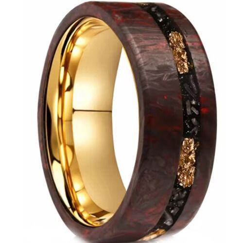 ****COI Gold Tone Tungsten Carbide Meteorite Gold Foil Ring With Carbon Fiber-02203AA
