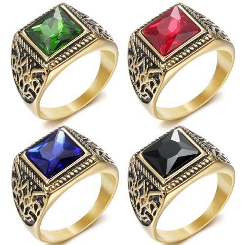****COI Titanium Gold Tone Black Ring With Black Onyx/Created Red Ruby/Green Emerald/Blue Sapphire-02214AA