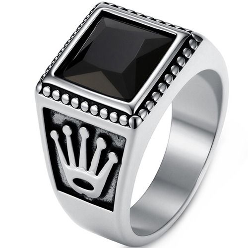 ****COI Titanium Gold Tone/Silver Crown Ring With Black Onyx-02217AA
