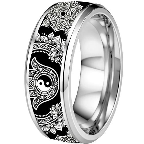 ****COI Titanium Black/Silver Ying Yang Beveled Edges Ring-02219AA