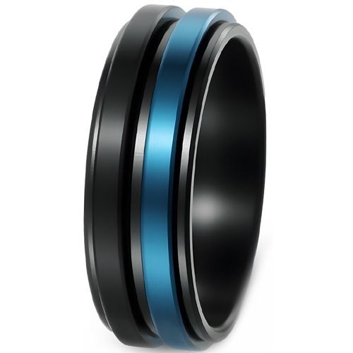 ****COI Titanium Black Blue/Blue Gold Tone Silver Center Groove Step Edges Ring-02234AA