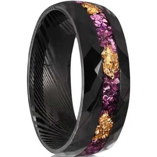 ****COI Black Tungsten Carbide Damascus Hammered Ring With Purple Amethyst & Gold Foil-02236AA