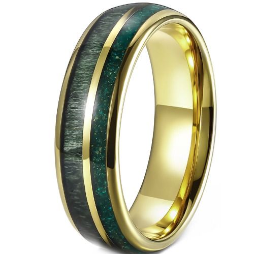 ****COI Gold Tone Tungsten Carbide Dome Court Ring With Green Koa Wood & Meteorite-02237A