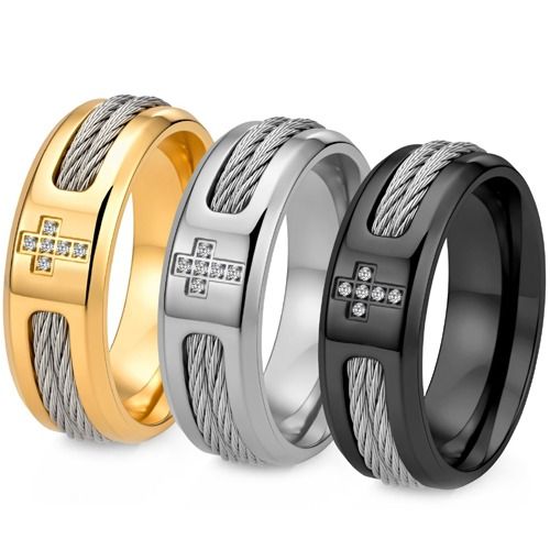 ****COI Titanium Black/Gold Tone/Silver Wire & Cross Ring With Cubic Zirconia-02253AA