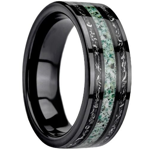 ****COI Black Tungsten Carbide Meteorite & Green Malachite Ring-02260AA