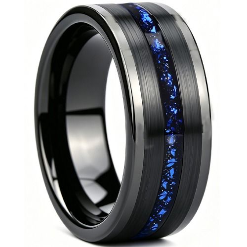 ****COI Black Tungsten Carbide Ring With Meteorite & Created Blue Sapphire-02261AA