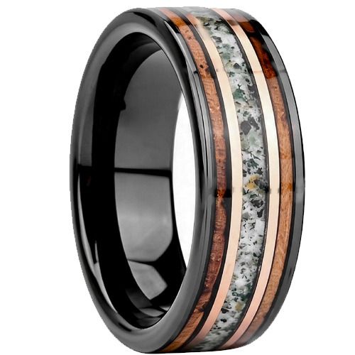 ****COI Tungsten Carbide Black Gold Tone Ring With Deer Antler & Koa Wood-02263AA