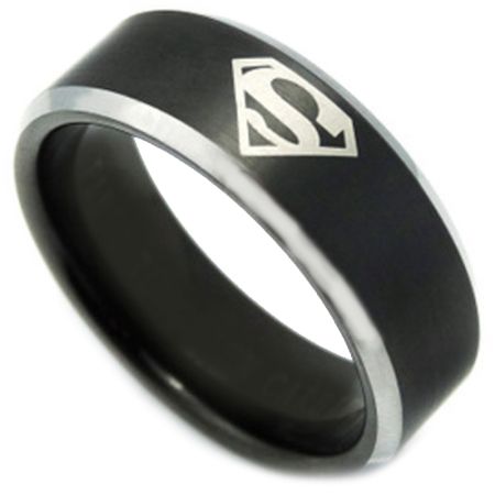 **COI Titanium Black Silver Super Man Beveled Edges Ring-3459