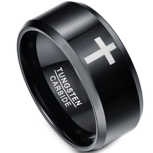 **COI Black Tungsten Carbide Cross Beveled Edges Ring-TG3537