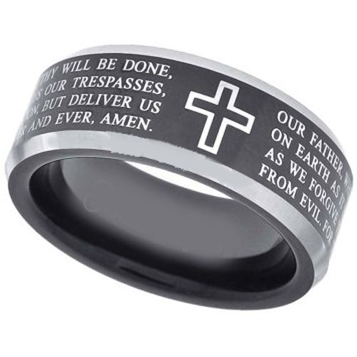 COI Tungsten Carbide Cross Scripture Beveled Edges Ring-3586