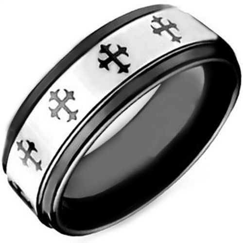 COI Tungsten Carbide Black Silver Cross Step Edges Ring-TG4096