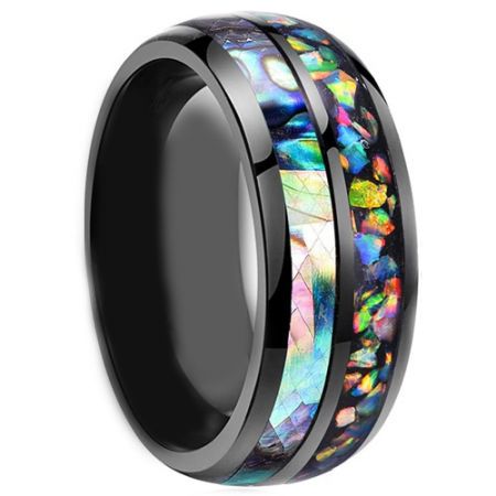 *COI Black Tungsten Carbide Crushed Opal and Abalone Shell Dome Court Ring-4257