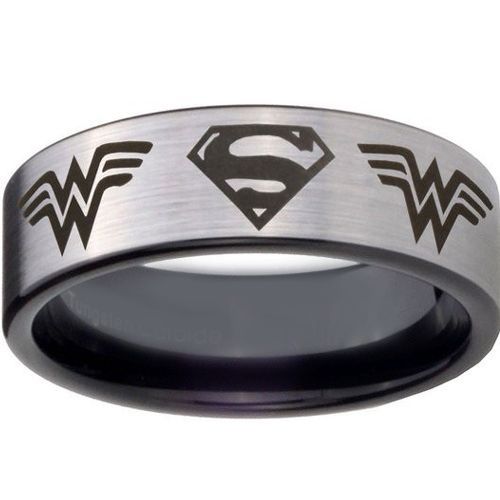 COI Titanium Black Silver Superman Wonder Woman Ring 4449