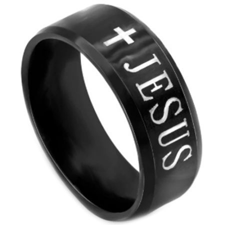 COI Black Tungsten Carbide Cross Jesus Beveled Edges Ring-TG5207