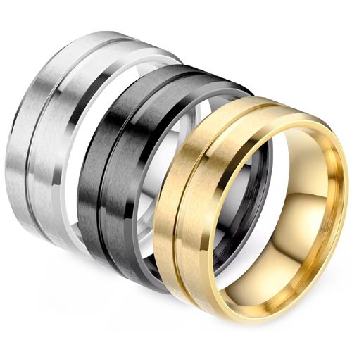 COI Titanium Black/Gold Tone/Silver Center Groove Beveled Edges Ring-5289