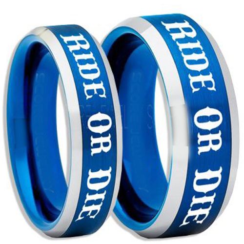 COI Tungsten Carbide Blue Silver Ride or Die Beveled Edges Ring-5408