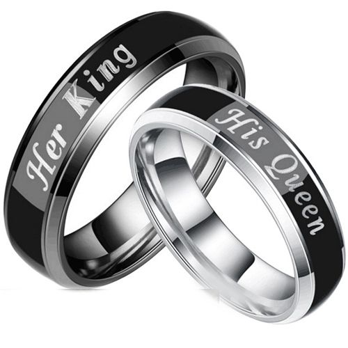 COI Tungsten Carbide Black Silver His Queen Her King Beveled Edges Ring-5441