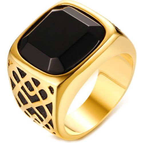 COI Titanium Black Gold Tone Ring With Black Agate-5719