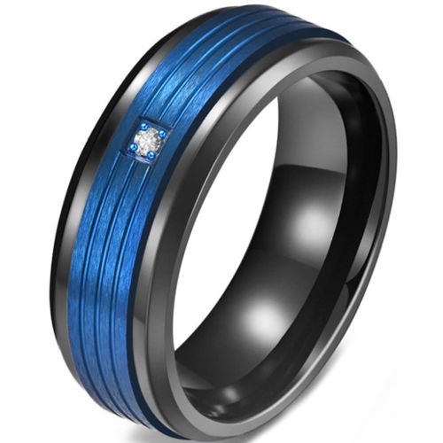 *COI Titanium Black Blue Triple Grooves Ring With Cubic Zirconia-5817
