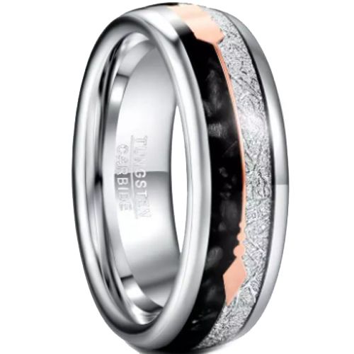 COI Tungsten Carbide Rose Silver Meteorite And Black Agate Ring With Arrows-5825