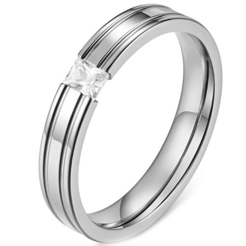 *COI Titanium Gold Tone/Silver Double Grooves Solitaire Ring With Cubic Zirconia-5834