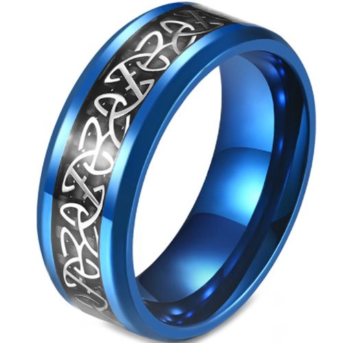 *COI Titanium Blue/Black/Silver Trinity Knots Beveled Edges Ring With Carbon Fiber-5872