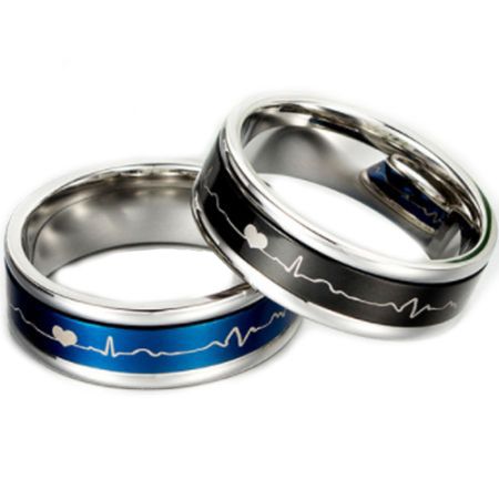 *COI Titanium Black/Blue Silver Heartbeat & Heart Ring-5887